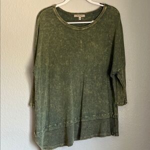 Jess & Jane Olive Green Tunic Asymmetric Acid Wash XL Stretch Boho 3/4 Sleeve